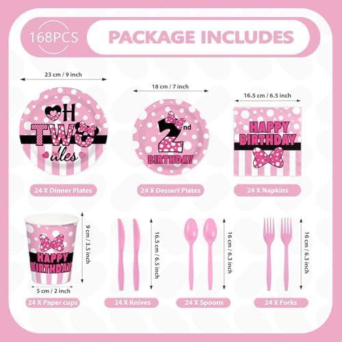 168Pcs Pink Mouse 2nd Birthday Decorations for Girls, Serves 24 - Image 2