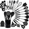 QMVESS Silicone Cooking Utensils Set, 28 Pcs Non-Stick Kitchen Utensils Set with Holder, 446°F Heat Resistant Spatula, Tongs, Spoons Set with Stainless Steel Handle Kitchen Gadgets (Black) by QMVESS