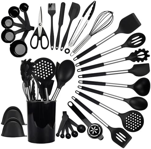 QMVESS Silicone Cooking Utensils Set, 28 Pcs Non-Stick Kitchen Utensils Set with Holder, 446°F Heat Resistant Spatula, Tongs, Spoons Set with Stainless Steel Handle Kitchen Gadgets (Black) by QMVESS