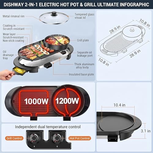 27" Hot Pot with Grill Electric BBQ Grill Combo, 2200W Indoor Korean BBQ Grill with Dual Temperature Control, Large Shabu Shabu Pot, Nonstick Tabletop Grill for 2-12 People, 110V - Image 2