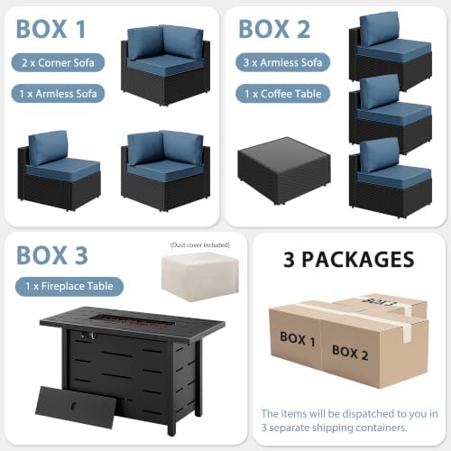 Shintenchi 8 Piece Outdoor Patio Furniture Set with 43 Inch Propane Fire Pit, Washable Cushions, Glass Coffee Table, Waterproof Cover & CSA Certified for Backyard Poolside, Black PE Rattan/Navy Blue - Image 7