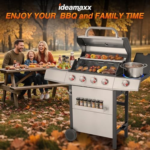 4-in-1 Propane & Charcoal Grill Combo, 4-Burner Gas Griddle with Side Burner, Cast Iron Grates, Outdoor BBQ for Patio & Backyard - Image 7