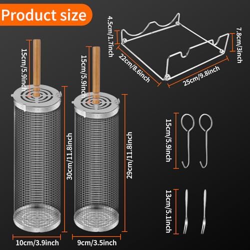 Rolling Grill Baskets (2PCS), Removable Wooden Handle, 304 Stainless Steel, Nesting Grilling Net, BBQ Accessories Tools for Vegetable Shrimp, Outdoor Cooking Camping, Birthday Gifts for Men/Dad/Husband (Mesh BBQ Cylinder Set (2 Pcs)) - Image 6