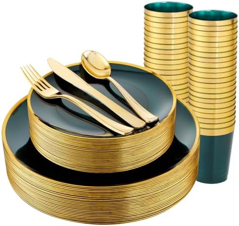 LIYH 180 Pcs Clear and Green Gold Plastic Christmas Plates - Emerald Green Disposable Plastic Dinnerware Sets, Include Dishes, Tableware, Cups for Party & Christmas & Wedding 30 Guests by LIYHLoveinyourheart
