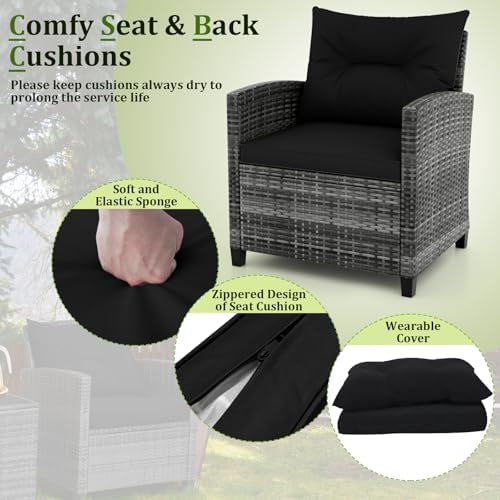 RELAX4LIFE 3 Piece Patio Furniture Set, Wicker Bistro Conversation Set w/2 Cushioned Armchairs & Glass Topped Table, Outdoor Rattan Sofa Set Patio Furniture for Porch Balcony Poolside (Grey-Black) - Image 3