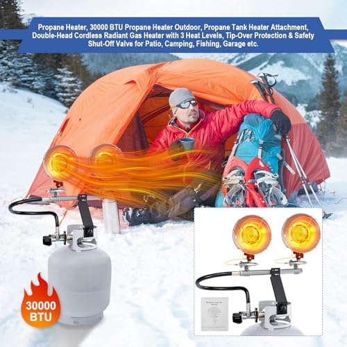 30000 BTU Propane Heater Outdoor, Propane Tank Heater Attachment Double Tank Top Radiant Gas Heater With Tip-Over Protection, 3 Heat Settings, Safety Shut-Off Valve for Patio,Camp,Fish,Garage. - Image 2
