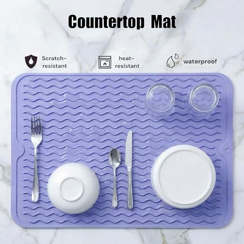 MicoYang Silicone Dish Drying Mat — Quick-Dry Ridges Counter & Sink Pad, Heat-Resistant Trivet to 450°F, Non-Slip & Dishwasher Safe, Roll-Up Storage, 18 Colors & 9 Sizes (Light Purple, 16"×12") - Image 3