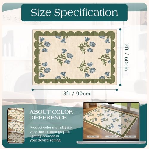 Front Door Mat Outside Entrance - 2x3 Floral Non-Slip Washable Doormat Indoor Outdoor Door Mat Sage Blue Floral Entry Rug Small Throw Rugs for Entryway Kitchen Front Porch Decor - Image 2