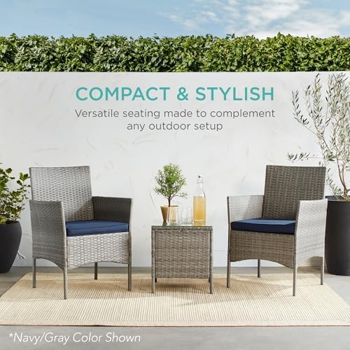 Best Choice Products 3-Piece Outdoor Wicker Conversation Bistro Set, Space Saving Patio Furniture for Garden w/Side Table - Gray/Pastel Blue - Image 6