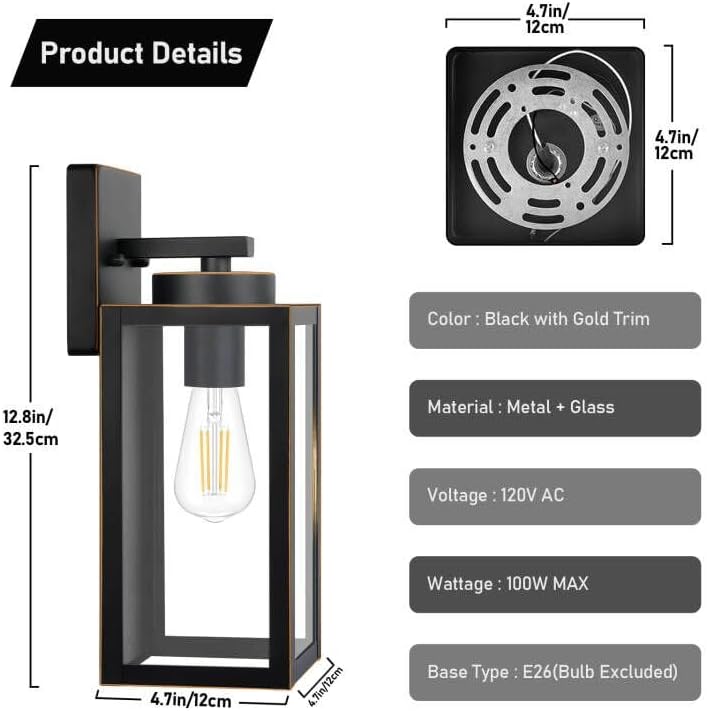 BesLowe Outdoor Wall Light Fixtures, Porch Lights Black with Gold Trim - Image 5