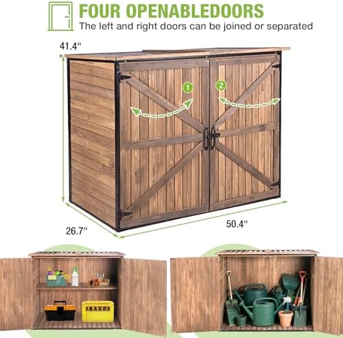 GUTINNEEN Weatherproof Outdoor Trash Can Shed, Outdoor Storage Shed with Strong Metal Frame, Wooden Garden Sheds with Adjustable Shelves and Removable Floor - Image 4