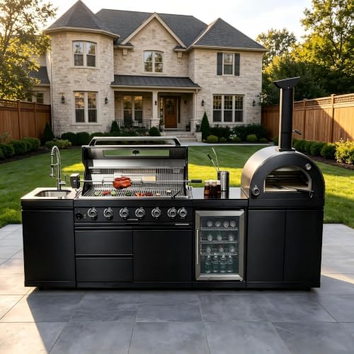 109'' LPG Outdoor Kitchen Island with Grill, Pizza Oven, 6 Burners, Black by Unknown