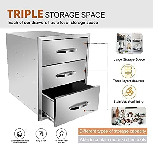 Outdoor Kitchen Flush Mount Triple Access BBQ Drawers, Stainless Steel With Handle for Outdoor Kitchens Or Patio Grill Station, 18Wx23Dx23H - Image 4