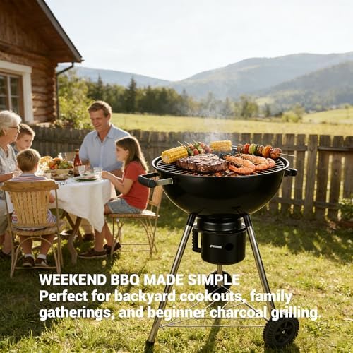 18-Inch Kettle Charcoal Grill with Cover, Porcelain-Enameled BBQ Grill with Built-in Thermometer, Adjustable Air Vents, Removable Ash Catcher, Wheels for Backyard BBQ, Patio & Outdoor Cooking - Image 2