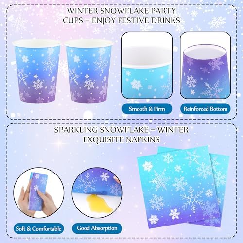 Kochorie 96 Pieces Frozen Iridescent Winter Snowflake Birthday Party Supplies Snowflake Tableware Set Disposable Paper Plates Cups Napkins Serve 24 Guests for Christmas Winter Wonderland Decorations - Image 4