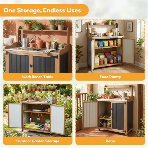 Potting Bench with Storage & Wheels, Mobile Outdoor Cabinet for Garden - Image 6
