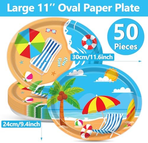 Qyeahkj 50 PCS Beach Oval Paper Plates Large 11” Disposable Pool Party Decorations Summer Platters Tableware Supplies Favor for Summer Hawaiian Luau Party Tableware Set - Image 2