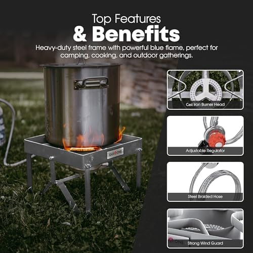 GasOne Stainless Steel Outdoor Propane Burner – High Pressure Camp Stove with Adjustable Regulator & Steel-Braided Hose - Image 4