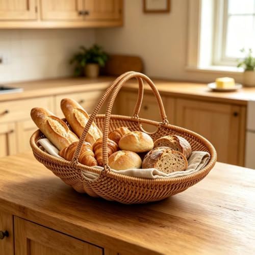RT&BS Wicker Egg-collecting Basket with Handles, Wicker Bread Basket Oval, Handwoven Fruit Basket with Handles, Reusable Storage Baskets for Living Room, Kitchen, Store, Restaurant, Outdoor (Brown, M) - Image 7