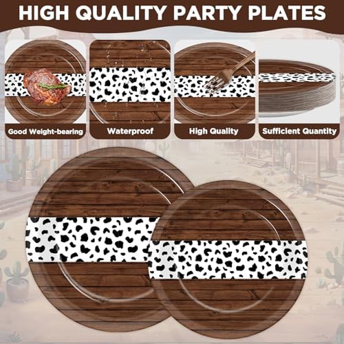 96Pcs Western Party Paper Plates and Napkins Cow Print Dessert Plates Cowboy Party Favors Supplies Tableware for Wild West First Rodeo Cowgirl Bachelorette Baby Shower Birthday Gatherings Decorations - Image 3