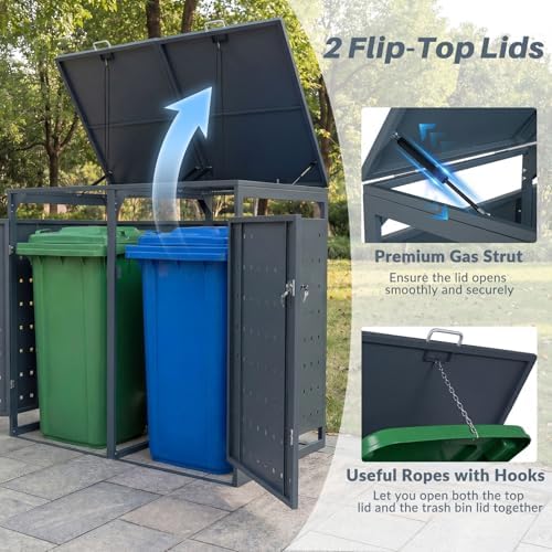 Goplus 44 Cu.Ft Outdoor Trash Can Storage, Garbage Can Hider Outdoor with 2 Lockable Doors Gas Struts & Shock Absorbers, Outdoor Storage for Patio, Backyards, Yard & Garden (52"x31.5"x46") - Image 5