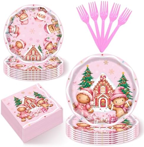 96Pcs Pink Gingerbread Christmas Decorations, Disposable Snowflake Gingerbread Paper Plates Napkins Forks Dinnerware for Xmas Ginger bread House Cookies Party Supplies, Serves 24 by Lianxuia