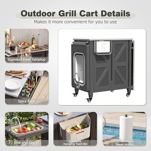Outdoor Grill Cart with Stainless Steel Top, Outdoor Kitchen Island BBQ Prep Table, Storage Cabinet, Mobile Grill Cart with Folding Hanging Trash Bin, Wheels, Side Shelf for Patio, Garden, Picnic - Image 3