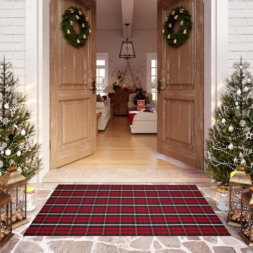 OJIA Christmas Door Mats Outdoor Rug 3'x5' Red Plaid Rug Front Porch Rug by OJIA