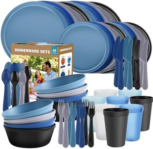 40 Piece Plastic Dinnerware Set for 8 with Cutlery, Unbreakable Plates and Bowls Set, Dishwasher & Microwave Safe Reusable Dish Set for Camping, RV, Outdoor Kitchen, Apartment Dining,Ocean Multicolor by BetterMomentsBeginatHome