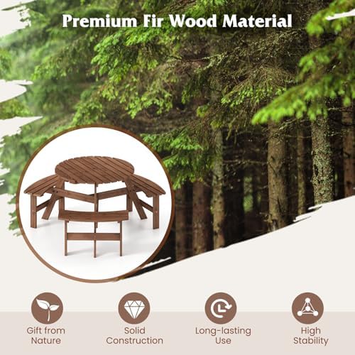 Tangkula 6-Person Wood Picnic Table, Outdoor Round Table and Bench Set with 3 Built-in Benches, Umbrella Hole, Perfect for Outside, Patio, Garden, Backyard, Porch (6-Person,Brown) - Image 4