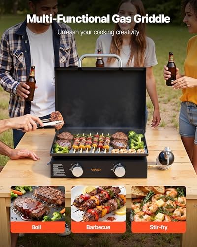 VEVOR Gas Griddle, 2 Burner Tabletop Griddle, 22 inch Portable Griddles Propane with Lid, Oil Drain Hole & Oil Collection Tray, 22000BTU Camping Flat Top Grill for Outdoor Cooking, Tailgating - Image 2