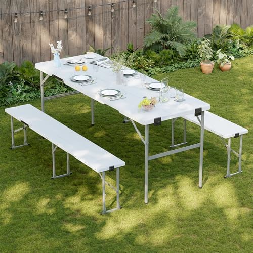 Picnic Table Set with 2 Benches,6 Feet Folding Camping Table Chair Set with Wood Grain Tabletop,3-Piece Outdoor Indoor Portable Folding Furniture for Party, Camping, Picnic, Weddings (White) by Betisef