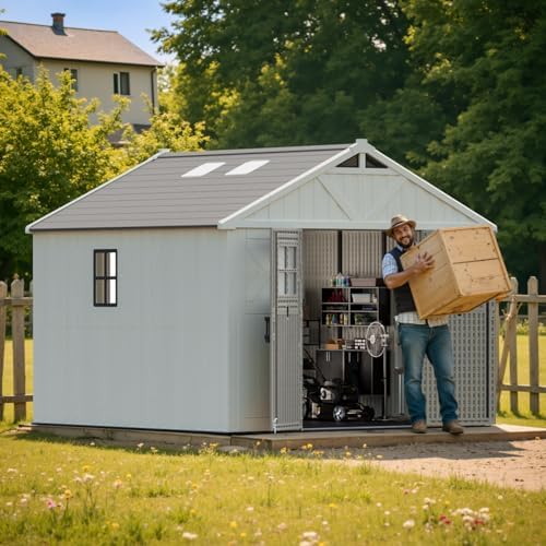 Patiowell 10x10 FT Resin Outdoor Storage Shed with Floor, Beige - Image 2