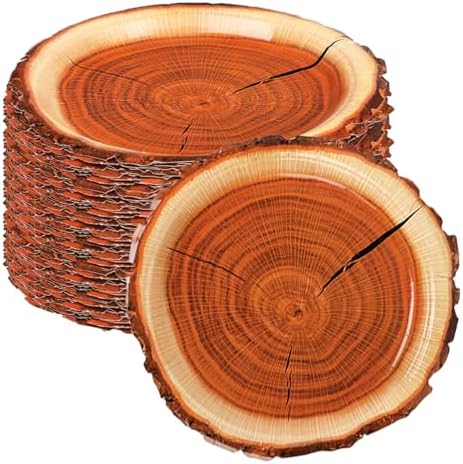 120 Pcs Rustic Wood Grain Dessert Paper Plate 7" Natural Farmhouse Wood Slice Paper Dessert Plates Camping Wood Grain Slice Service Trays for Camping Hunting Lumberjack Birthday Party Supplies by FULJOOY