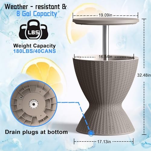 EasyUp Outdoor Cooler Bar Table – 8 Gallon Outdoor Patio Cooler Table with Drain Plug, Adjustable Height Rattan-Style Resin Cool Bar for Poolside, Deck, BBQ & Parties (Grey) - Image 3