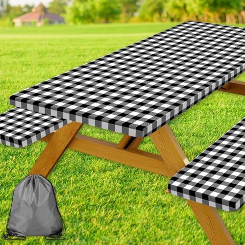 Picnic Table Cover with Bench Covers, Black and White Checkered Waterproof and Windproof, Fitted Tablecloth Cover with Elastic Edge, for Outdoor, Garden, Camping, 3 Pieces Set, 30x96 Inch by Xguatan