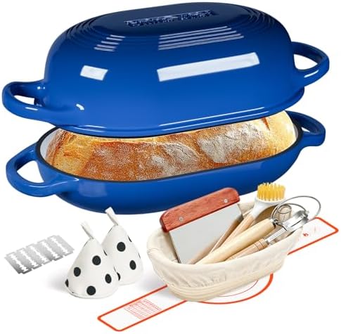 Enameled Cast Iron Dutch Oven for Bread Baking - incl. Sourdough Bread-Baking Supplies like Banneton Bread-Proofing Basket - 5QT Loaf Cast Iron Bread Oven Pan with Lid Meatloaf Pan with Lid, Sour Sough Tools, Lame(Blue） by UmiteChef