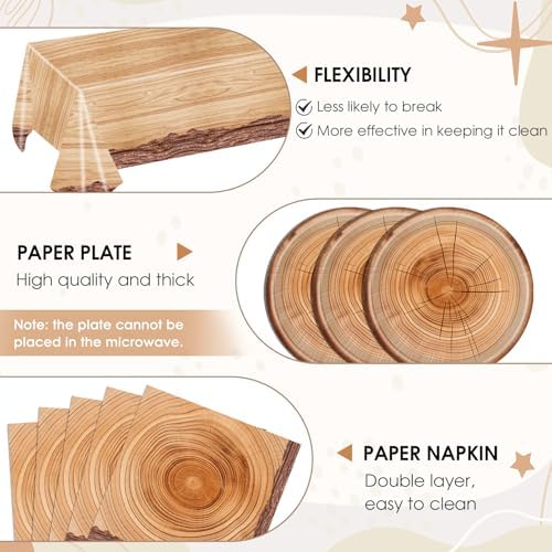 41 Pcs Camping Birthday Party Decorations Rustic Wood Grain Slice Tableware Brown Camo Wood Paper Plates Napkins Tablecloth丨Forest Themed Bonfire Hunting Birthday Lumberjack Party Decor,Serves 20 - Image 3