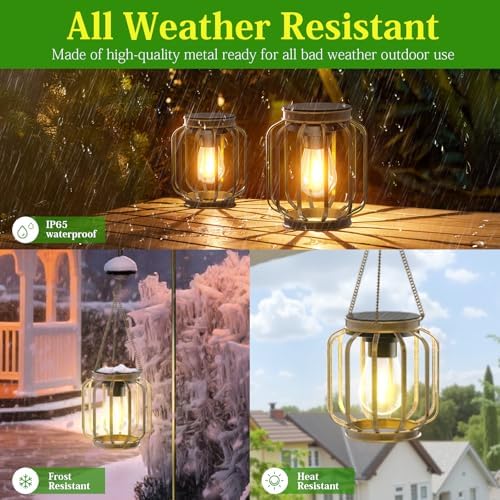 Solar Lanterns, Upgraded Metal Outdoor Lights, Brighter Hanging Solar Lights for Outside Waterproof, Auto On/Off Warm White Lighting for Yard, Garden, Patio, Pathway Decor (Bronze, 2 Pack) - Image 5