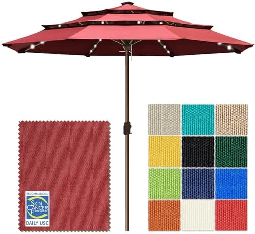 EliteShade USA 10-Year-Non-Fading 10ft 3-Tier Market Patio Umbrella, Commercial Table Umbrella with 80 Solar LED Lights, Crank Open, Windproof & UPF 50+ UV Protection for Garden, Deck, Pool, Backyard, No Tilt, Burgundy by EliteShade
