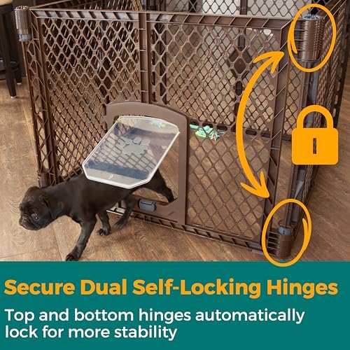 MyPet North States Petyard Passage: 4-Panel Folding Dog Playpen Indoor or Outdoor. 7 sq. ft. Puppy Playpen, Lockable Pet Door. Freestanding Play Pen Dog Gate. Made in USA. 26" Tall, Brown - Image 4