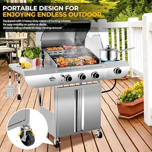 Electactic 3-Burner Propane Gas Grill with Side Burner, 34,000 BTU, Stainless Steel Barbecue Grill with Enameled Cast Iron Grates, Built-In Thermometer, Portable BBQ Grill for Outdoor Cooking, Patio - Image 6