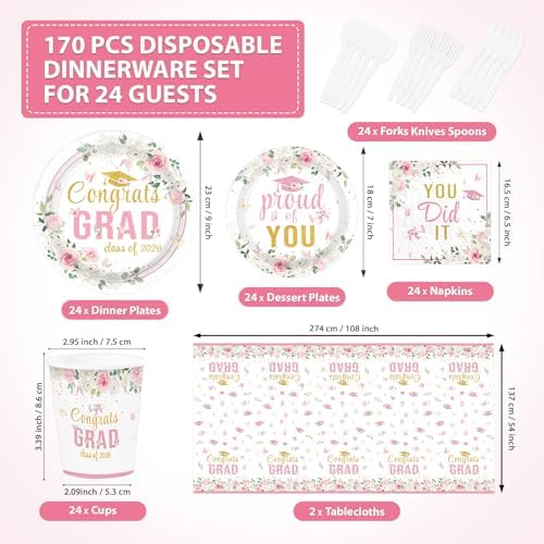 170 Pcs Graduation Pink Floral Party Decorations, Serves 24 - Image 2