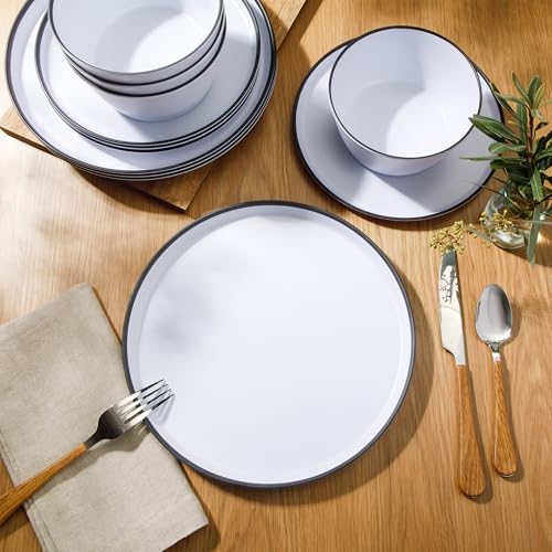 Gibson Home Folsom Shores 12 Piece Unbreakable Modern Melamine Plates and Bowls Dinnerware Set - Outdoor, Camping, & Everyday Use - White W/Black Rim - Image 4