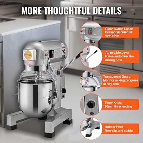 VEVOR Commercial Food Mixer 20Qt, Commercial Mixer with 3 Adjustable Speeds, 1100W Dough Mixer,Commercial Stand Mixer with Stainless Steel Bowl - Image 6
