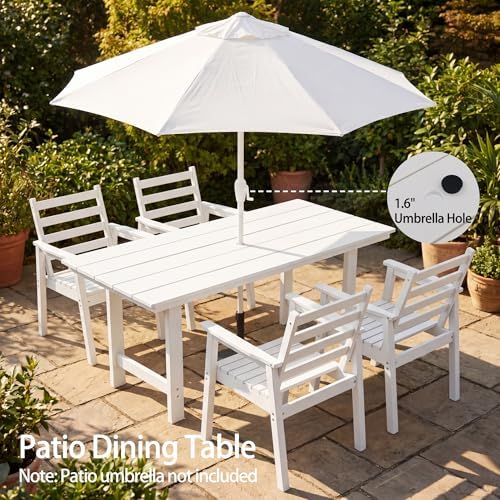 10-Piece Outdoor Dining Set, All-Weather HDPE Patio Furniture, Two 66.5" Slatted Table with 1.6" Umbrella Hole & 8 Ergonomic Armchairs, Heavy Duty 350lbs Capacity, UV Resistant, White - Image 4