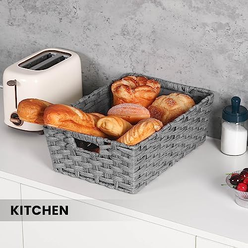 Onlytak Large Wicker Storage Basket, Metal Frame, Set of 2, Washable Waterproof, 15" x 10.3" x 5.2", Grey Color, Woven Basket for Pantry, Toilet, Bathroom, Bedroom, Patio - Image 5