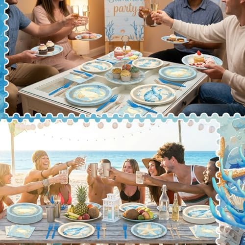 96Pcs Sealife Coastal Party Decorations Ocean Nautical Birthday Plates and Napkins Beach Turtle Starfish Seahorse Crab Paper Plates Disposable Tableware for Under the Sea Summer Coral Party Supplies - Image 6