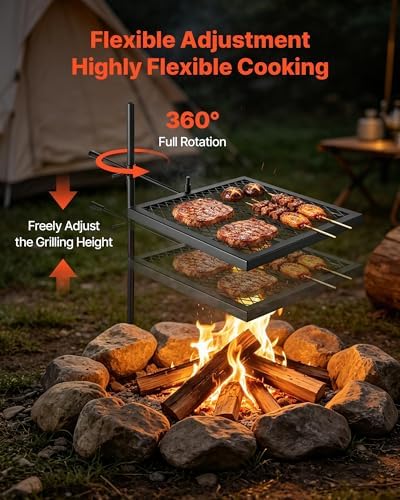 VEVOR Heavy Duty Swivel Campfire Grill, 16" Portable Camping Grill Grate, Sturdy Steel BBQ Mesh, 360° Height Adjustable Over Fire Pit Equipment with Carrying Bag, for Outdoor Open Flame Cooking - Image 5
