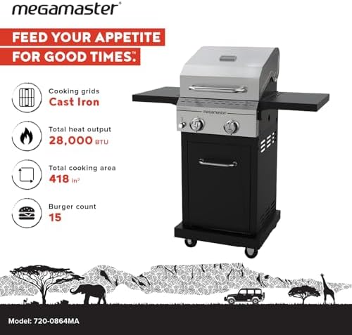 Megamaster Deluxe 2 Burner Gas Grill, Compact Design with Foldable Shelves - Image 2
